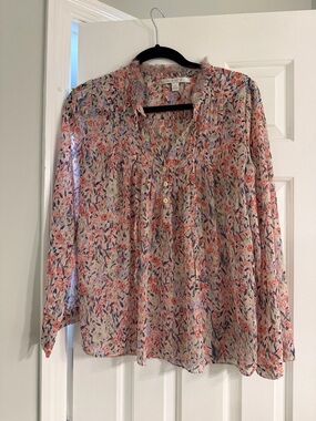 LC Lauren Conrad Pink Floral Ruffled V-Neck Blouse